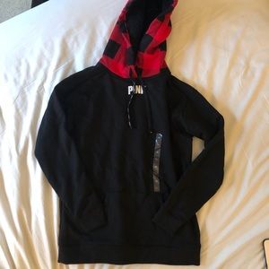 PINK Black Hoodie w/ Plaid Hood